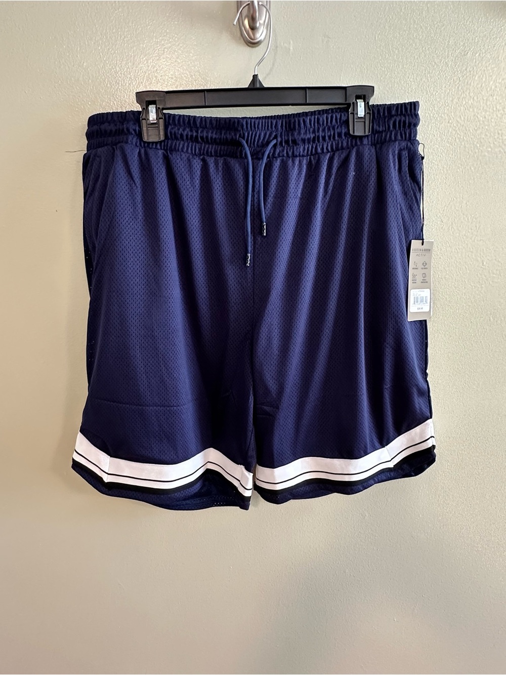 Men's Navy Athletic Mesh Shorts with White Hem Stripes